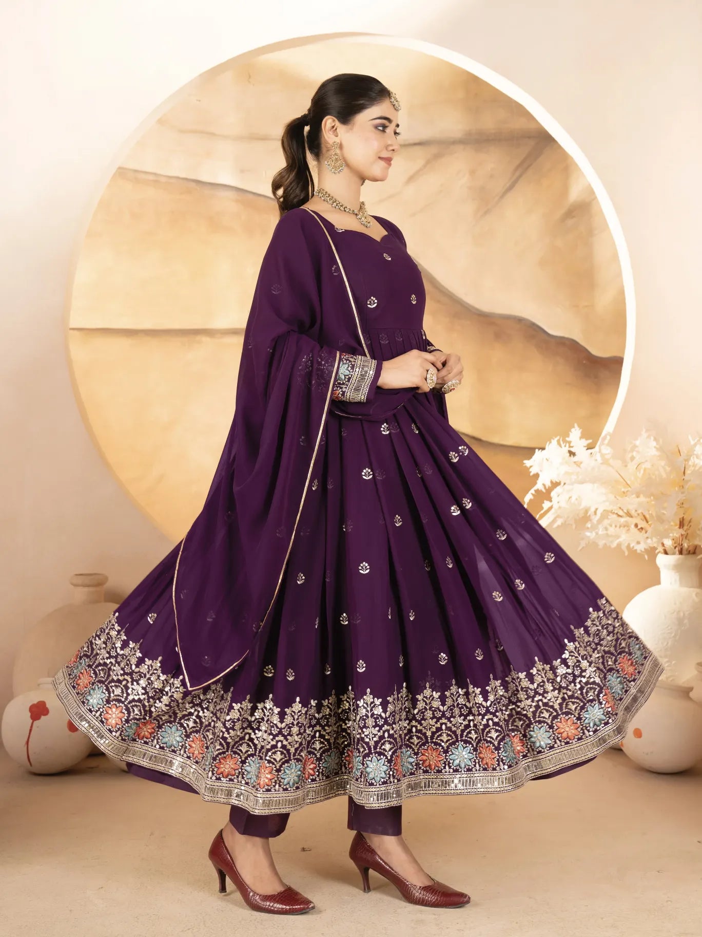 Wine Embroidery Faux Blooming Anarkali Suit - RENWICH